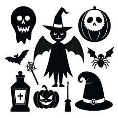 Halloween silhouette vector set featuring spooky icons like a witch skull and pumpkin perfect for holiday designs and decorations