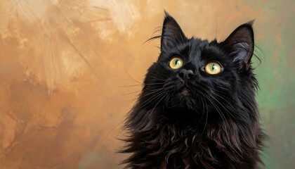 A long-haired black cat with piercing yellow eyes gazes upwards. The backdrop is a painted canvas of warm earth tones