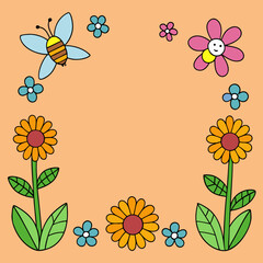 Decorative floral frame with friendly butterflies and bees vector illustration