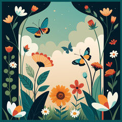 An enchanting garden frame with flowers and insects vector illustration
