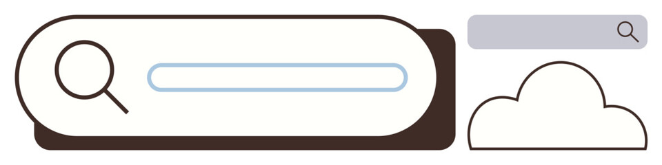 Magnifying glass over a search bar paired with a cloud icon. Ideal for search, data storage, internet, technology, navigation, cloud computing, network concepts. A simple flat metaphor