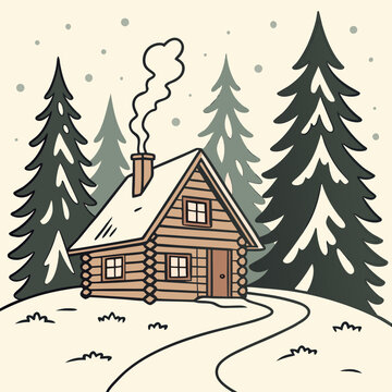 A warm and cozy cabin nestled in a snowy forest vector illustration