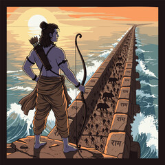 Lord Rama stands on the coast, overseeing the construction of the Ram Setu (Rama's Bridge) over the ocean by the Vanara Sena. Epic scene from the Ramayana mythology. © shirish