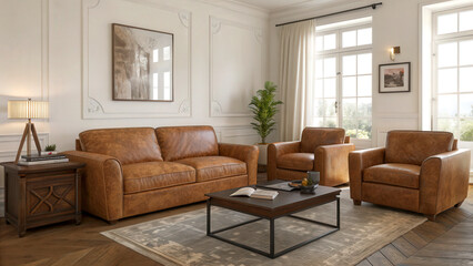 Fototapeta premium Cozy Living Room with Stylish Brown Leather Furniture and Light Decor