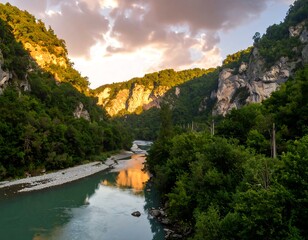 Mountain river valley at sunset
