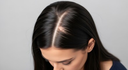 Woman with a bald spot showing hair loss and alopecia. Close-up on scalp with thinning hair. Dermatology and trichology medical concept