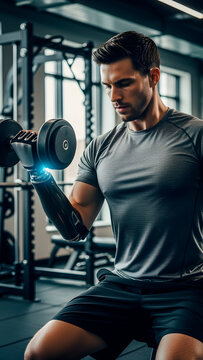Adaptive athlete lifts weight using prosthetic arm at gym, showcasing strength and modern technology.