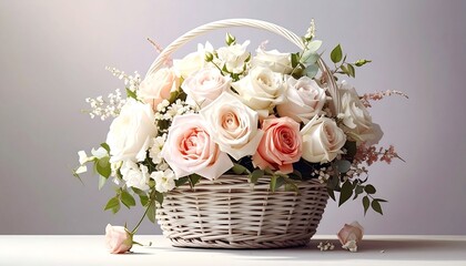 A lovely arrangement of light pink and white roses spilling from a woven basket, set on a white surface with soft lighting