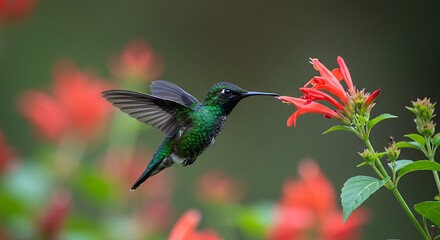 Naklejka premium Hummingbird hovering near vibrant red flowers in natural daylight