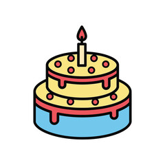 A two tiered celebratory confection with a single lit candle and red circular decorations isolated on white background