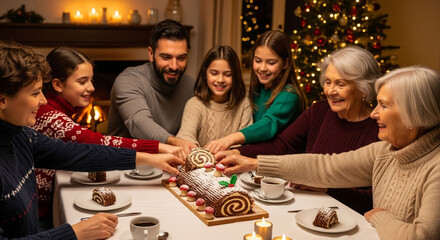 Family christmas dinner celebration with yule log cake dessert and christmas tree lights background home holiday