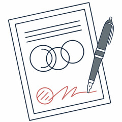 A minimalist icon of a loan agreement with a signature and pen vector illustration