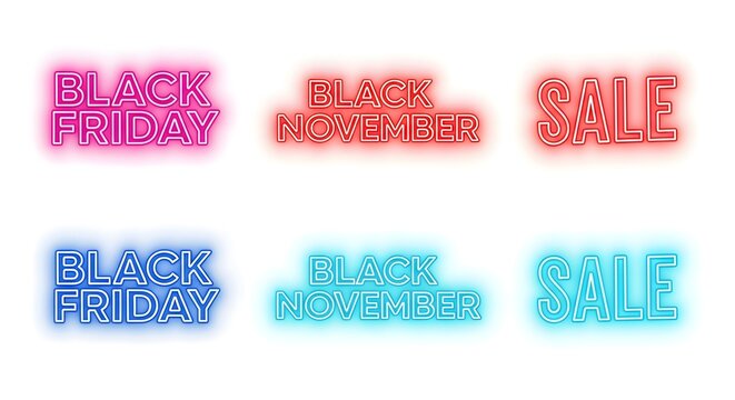 Collection of neon signs for black friday and black november sales, isolated on white background