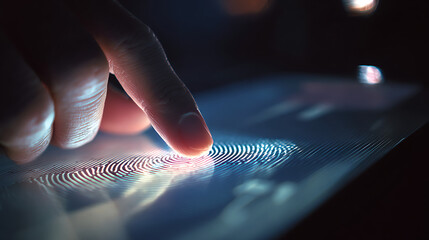 A closeup of a finger touching a screen displaying a fingerprint, symbolizing digital security, biometric authentication, and advanced technology