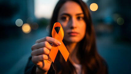 Person holding an orange ribbon, symbolizing awareness and support for the cause of eliminating violence against women.