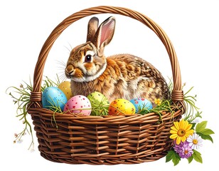 Easter bunny in a basket with eggs