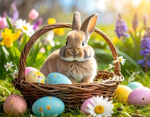 Easter bunny in a basket filled with colorful eggs surrounded by flowers