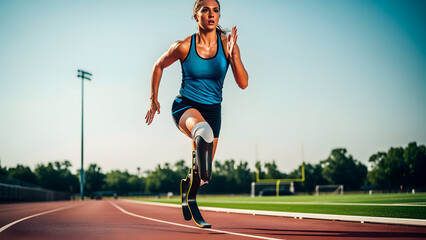 A determined woman runs on a track with a prosthetic leg, displaying strength and athletic prowess.