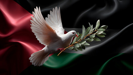 Dove of peace with an olive branch above the Palestinian flag. International Day of Solidarity with the Palestinian People.