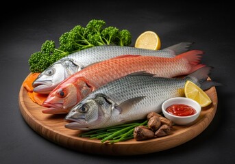 Fresh raw fish assortment on a wooden platter with lemon and herbs. Sea bass and red mullet prepared for gourmet cooking. Healthy seafood meal concept