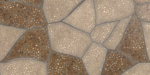 Closeup of a mosaic tile pattern featuring irregular shapes in beige and brown, creating a textured and earthy surface for backgrounds and designs