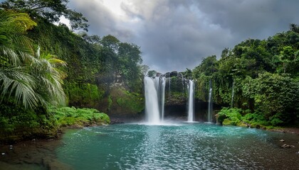 Serene Tropical Waterfall Surrounded By Lush Greenery And Tranquil Pools Under A Cloudy Sky In A Scenic Wilderness Setting