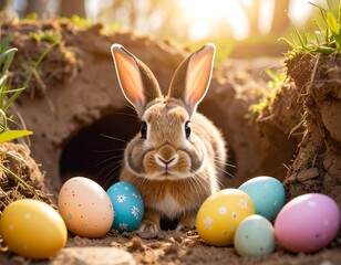 Easter bunny in burrow with eggs