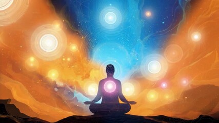 Abstract animation of meditating figure surrounded by shifting clouds and glowing orbs of light, representing spiritual balance, chakra energy, and mindfulness themes, for wellness and meditation - Powered by Adobe