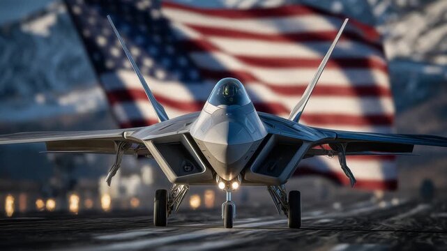 A formidable USAF fighter jet poised on the runway with a giant flag backdrop, showcasing defense, technology, and aviation supremacy.