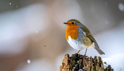 European robin with a red-orange breast perched on a snowy tree stump, surrounded by falling snowflakes and a softly blurred winter landscape.