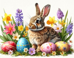 Easter bunny surrounded by flowers and eggs (1)