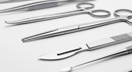 Set of sterile surgical instruments on a white background. Close-up of a scalpel, forceps, and scissors. Medical equipment for surgery and healthcare procedures