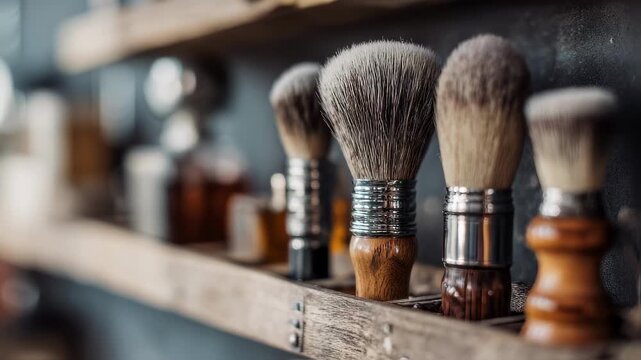 Closeup medium shot on a metal frame shelf holding various shaving brushes and razors softly outoffocus surroundings enhancing the sharp product view.
