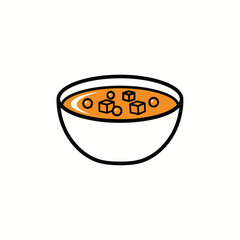 Stylized bowl of orange soup with cubes and spheres isolated on white background