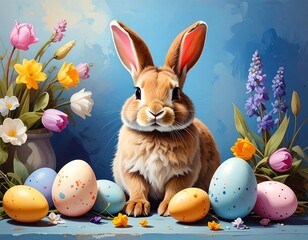Easter bunny surrounded by flowers and eggs