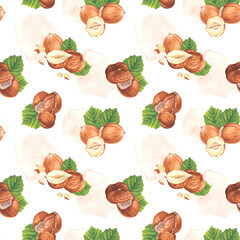 Seamless pattern with various hazelnuts compositions. Hand drawn watercolor illustration of forest filbert nuts on white background. Ideal for food packaging, restaurant menu or kitchen wallpaper