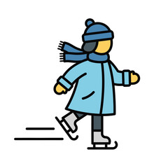 Stylized cartoon figure wearing winter clothing and ice skates gliding gracefully isolated on white background