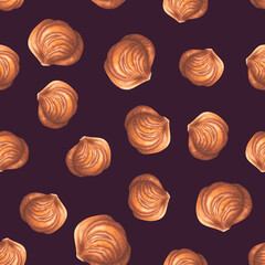 Seamless pattern with peeled and whole hazelnuts kernels. Hand drawn watercolor illustration of filbert nuts on dark purple background. For packaging design. Edible raw seed. Healthy organic food