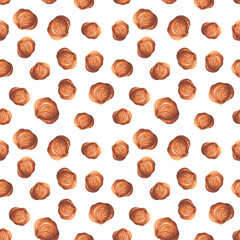 Seamless pattern with peeled, whole hazelnuts kernels. Hand drawn watercolor illustration of filbert nuts isolated on white background. For packaging design. Edible raw seed. Healthy organic food