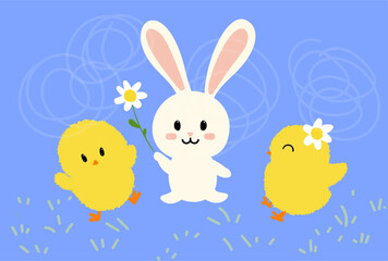 Cute Easter Bunny with Chicks and Daisy Flower in Cartoon Illustration