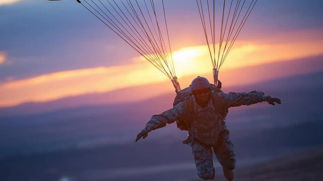 A lone paratrooper free-falls against a vibrant dusk, silhouetted with parachute cords trailing and a C-130 aircraft in the background.