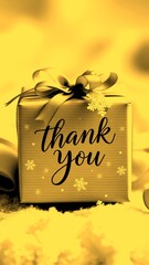 A gift box with a thank you note and decorative snowflakes on a soft surface