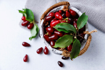 Top view of rustic bowl filled with dogwood berries and green leaves on light surface