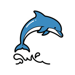 A cheerful blue cartoon dolphin leaping joyfully above stylized waves isolated on white background