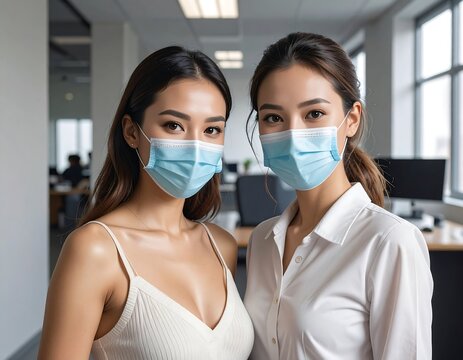 Two women wearing face masks in an office