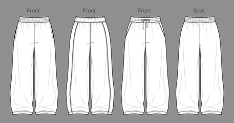 Vector woman fleece jogger technical drawing, teenage style pants with waistband and side pockets detail fashion CAD, template, sketch, flat. Woman flowy trousers with front, back view, white color © Yulish