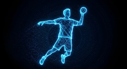 Naklejka premium Abstract Wireframe Handball Player Silhouette: Particles Background, Vector Illustration, Sports, Athlete, Action, Technology, Digital.