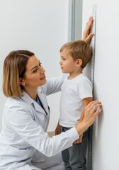 Pediatrician measuring height of young boy in medical office with bright, welcoming atmosphere