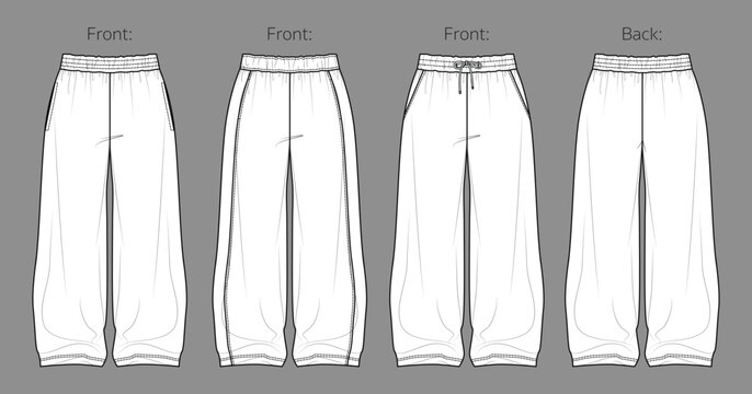 Vector woman fleece jogger technical drawing, teenage style pants with waistband and side pockets detail fashion CAD, template, sketch, flat. Woman flowy trousers with front, back view, white color