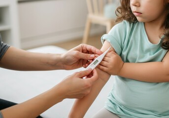 Pediatrician checking temperature of young girl in a cozy home environment with caring approach